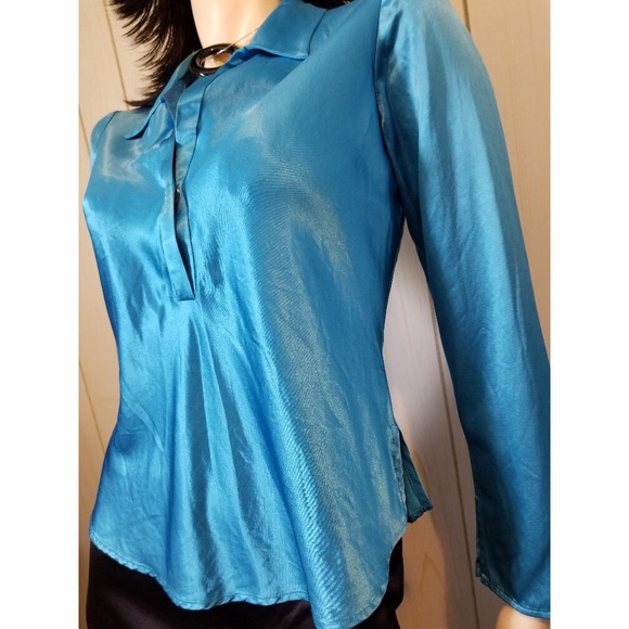 Vintage 90s ABS ALLEN SCHWARTZ Blue Satin Top - Picture 3 of 6